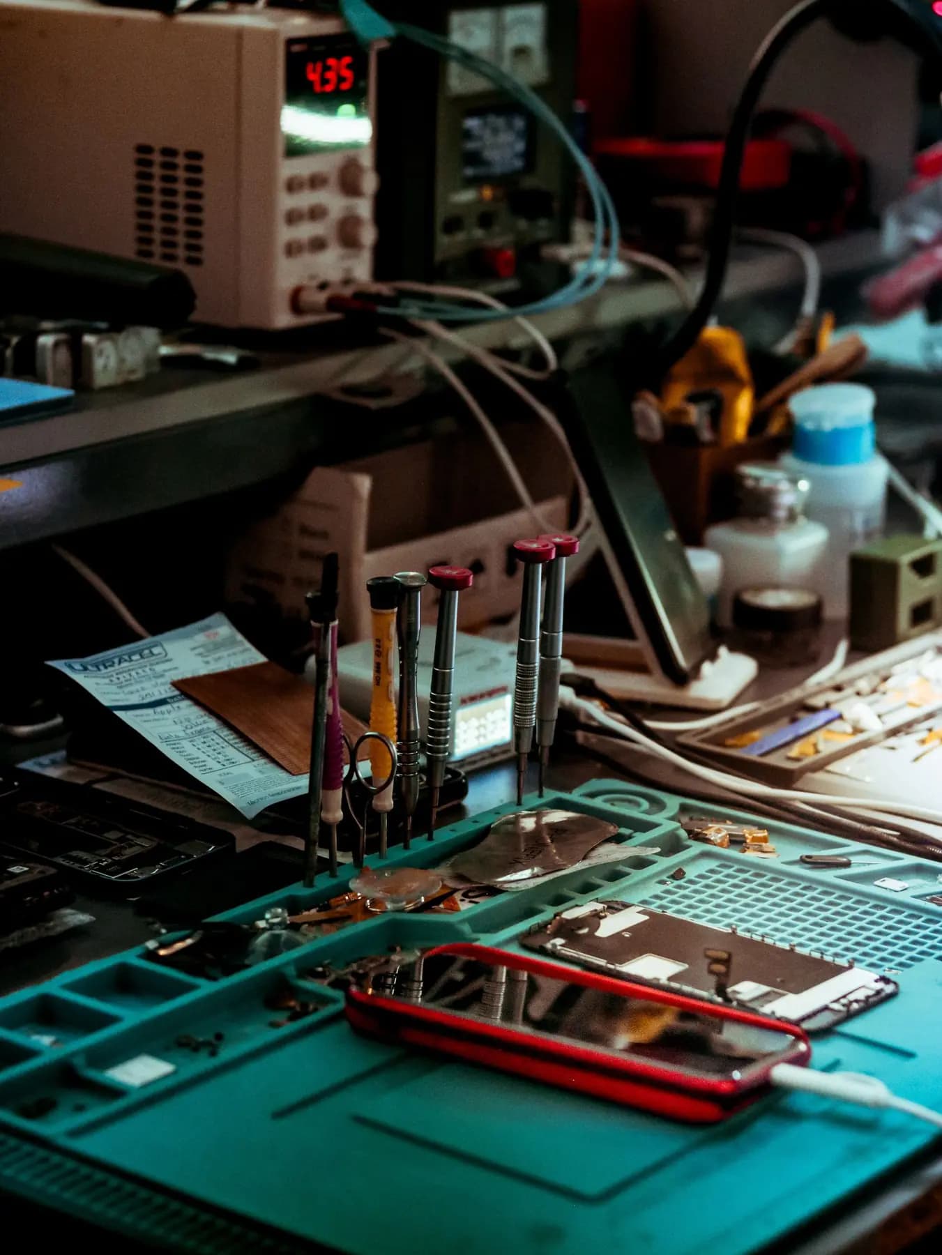 A workbench with a bench power supply, hand tools and an opened device on a repair mat
