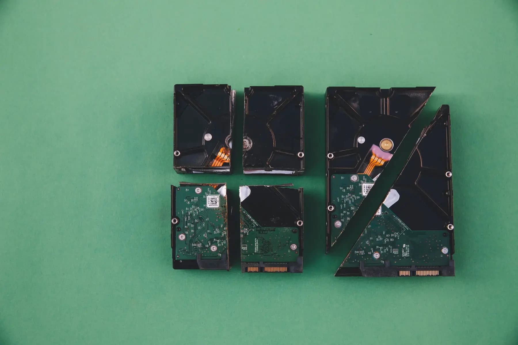 Four broken hard drives with their casings opened